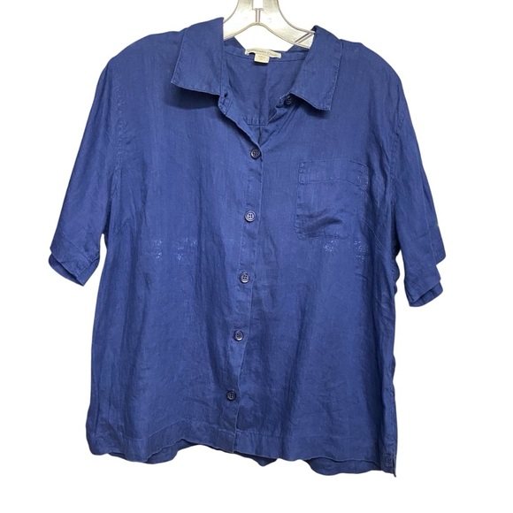 Coldwater Creek Oversized Linen Camp Shirt Size LP Indian Ink Blue Button Down - Picture 2 of 10